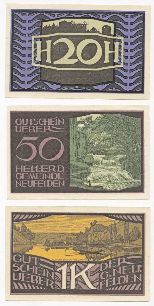 NG_Neufelden_Slg.ThomasHackl Beispiele für das von Brosch gestaltete Notgeld, 1920, Foto Thomas Hackl