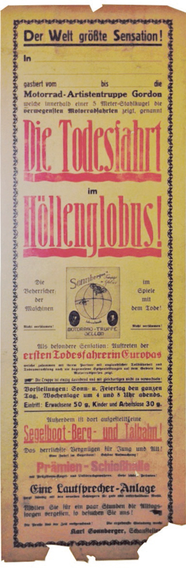 02_Barnas_Strassmeier_Plakat_Todeskugel_01 Kopie Ankündigungsplakat für die „Erste europäische Todeskugelfahrerin“ Theresia Sonnberger. Foto Straßmeier, Schwertberg