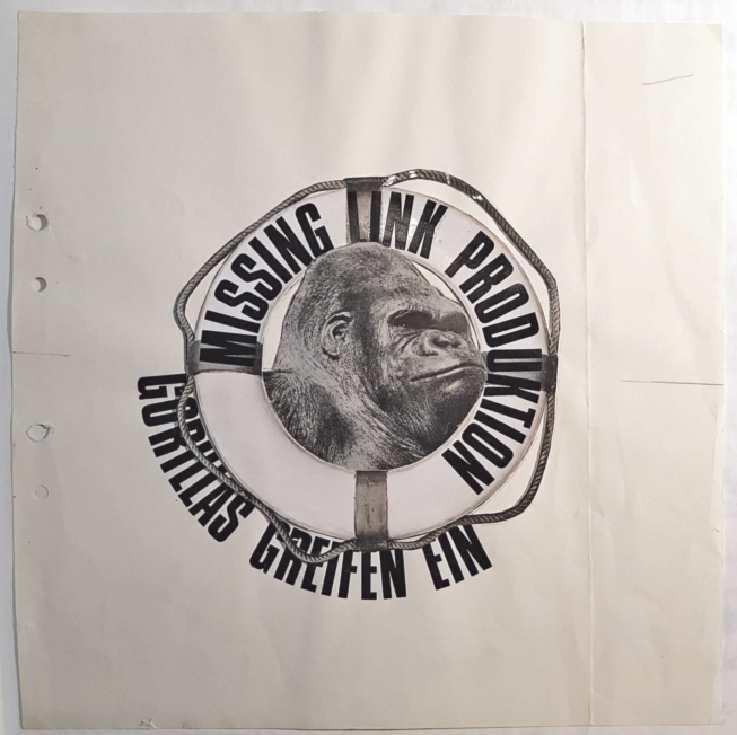 Missing Link, Gorillas greifen ein, 1971 Collage, Typografie, Fotoausschnitte auf Papier, 27,2 x 27,3 cm. MAK – Österreichisches Museum für angewandte Kunst / Gegenwartskunst © Missing Link