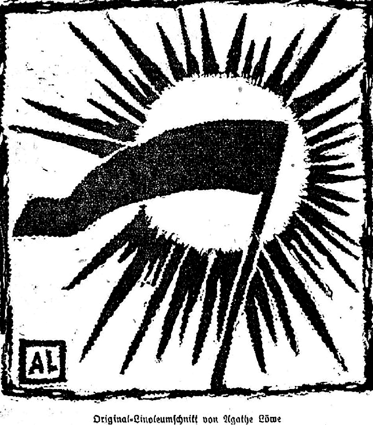 agathe löwe fahne sonne Eine Linolschnittarbeit von Agathe Löwe. Foto aus der Zeitschrift Revolution!, Nr. 5, 1919