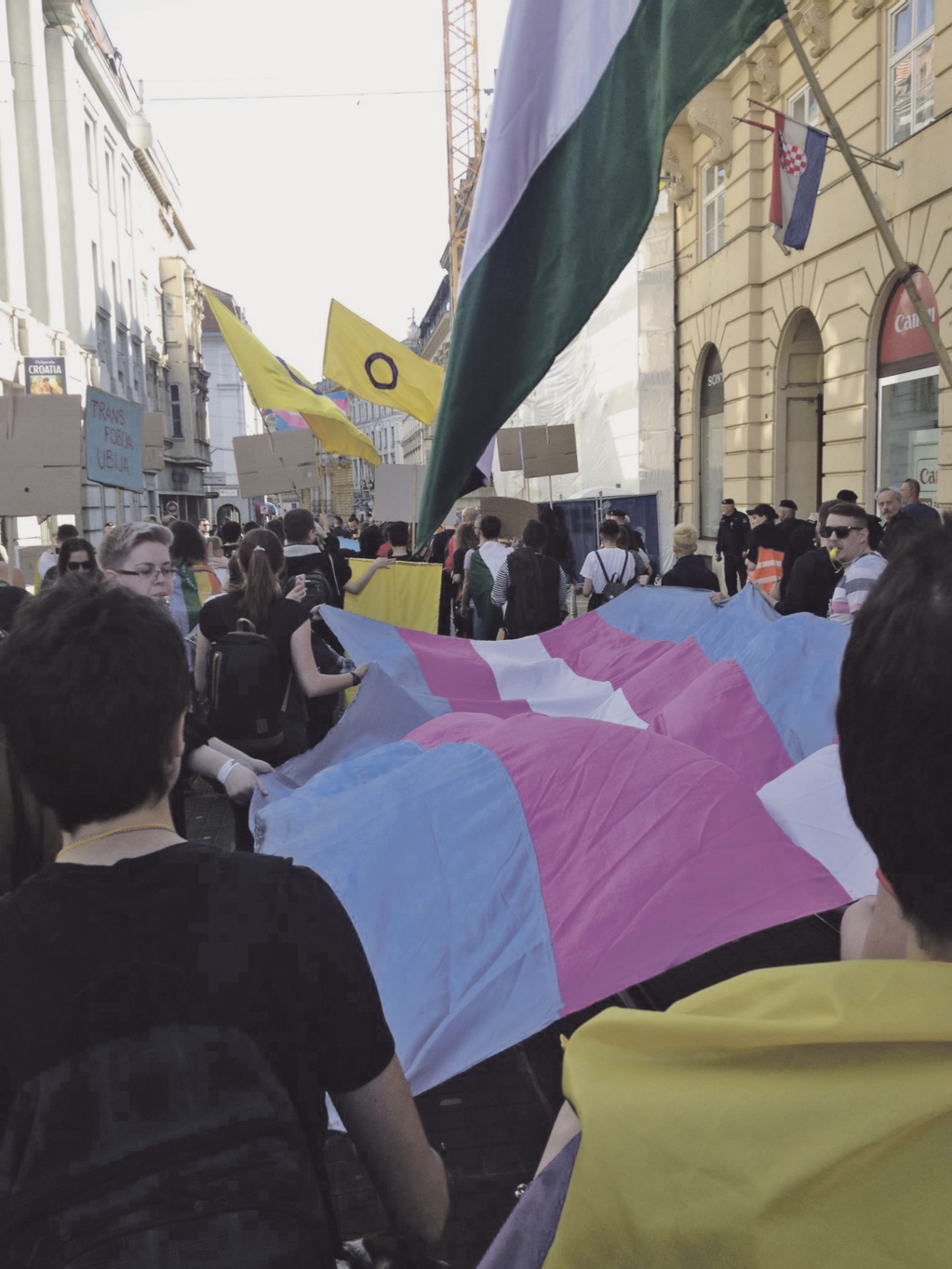 vimoe_1 Die Trans- und Inter-Pride-Flagge beim 1. Balkan Trans Inter Marsch in Zagreb 2019. Foto VIMÖ