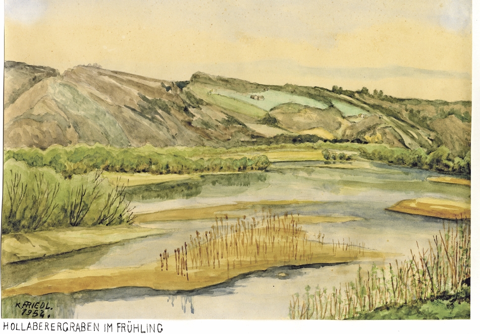 Zusatzbild zum HAUPBILD_hollaberergraben_friedl_1952_1 In dieser Naturlandschaft einst herangewachsen: die Prielmayreiche. Aquarell „Hollaberergraben im Frühling“ von Friedl, 1952. Bild Courtesy of Familie Lahmer-Wiesmayr